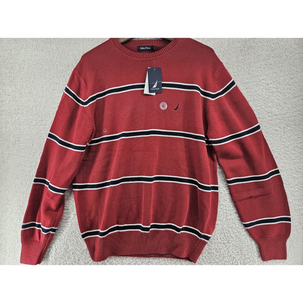 New Nautica Mens Large Red Striped Long Sleeve Sweater Pullover Crewneck